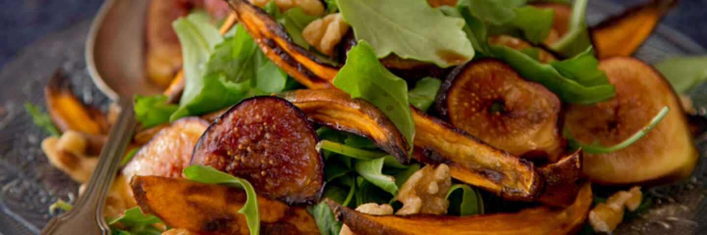 Caramelised fig salad baked sweet potatos walnuts recipe