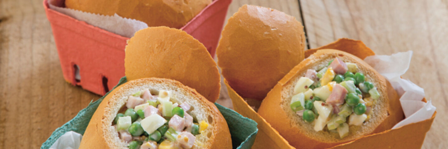 Ham Egg Pea and Celery Bread Bowls