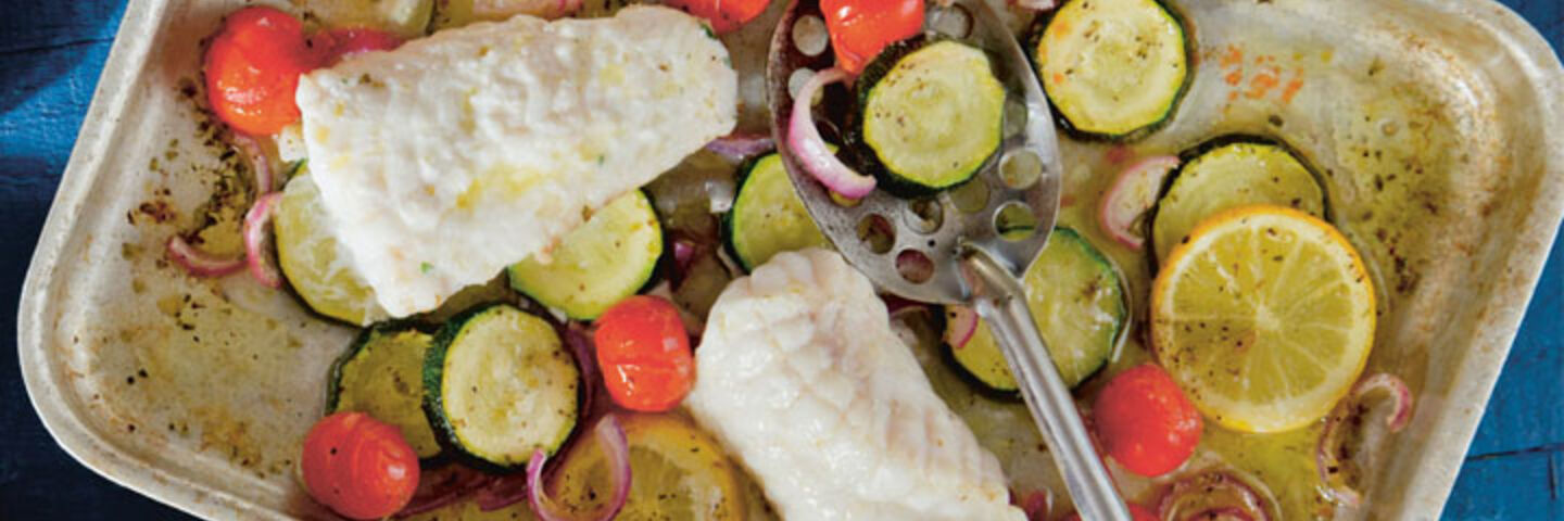 Baked Monkfish with Cherry Tomatoes, Red Onion
