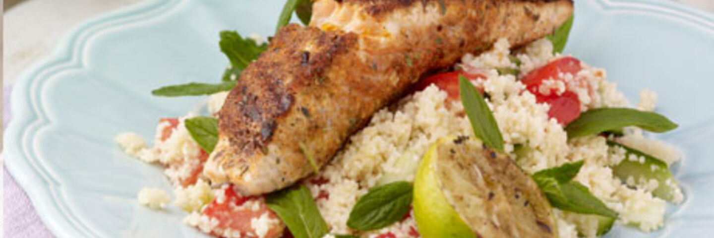 Blackened Salmon, Couscous, Lime dressing
