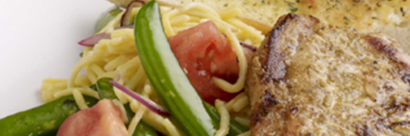 Barbecued Curried Pork Chops with Warm Noodle Salad