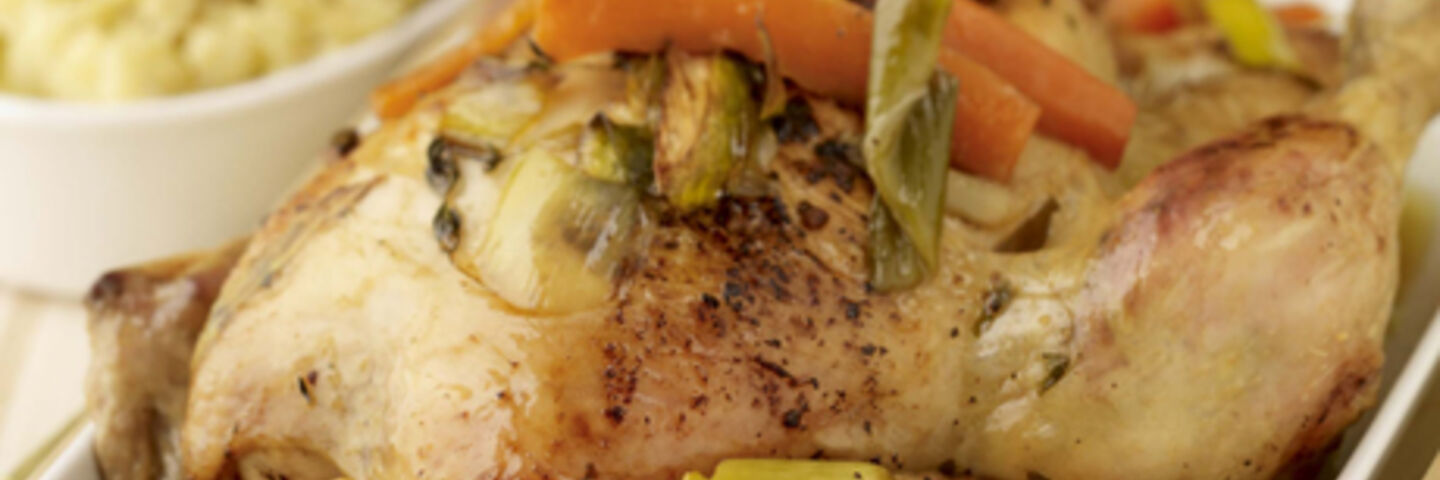 Slow Roasted Garlic Chicken with Vegetable and Thyme Broth and Mustard Mash