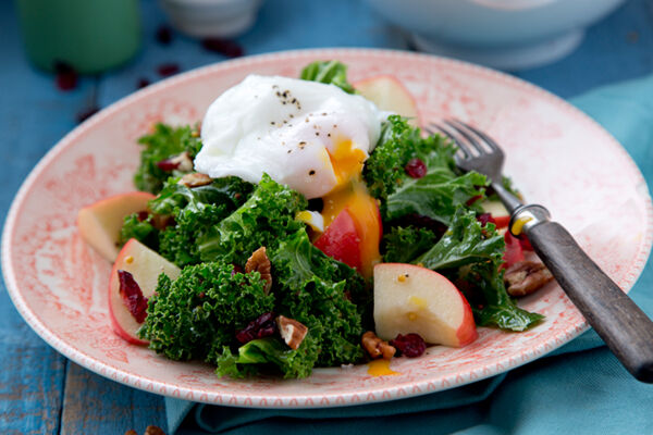 Kale salad apple cranberries poached egg recipe