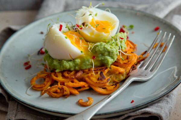 Spiralised Sweet Potato Rosti With Avocado, Lime And Chilli