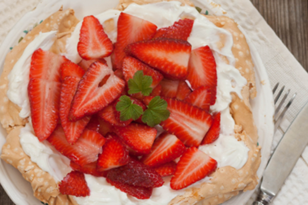 Chocolate Swirl Pavlova with Fresh Cream & Strawberries