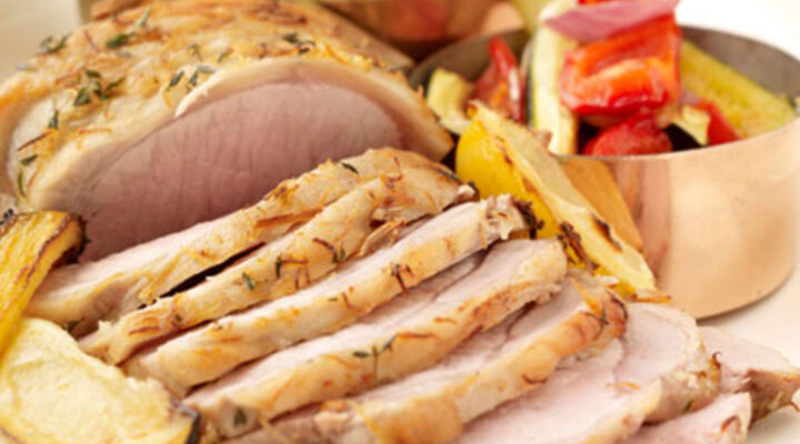Lemon, Garlic and Thyme Roasted Pork Loin, Mediterranean Vegetables and Mini Roast Potatoes