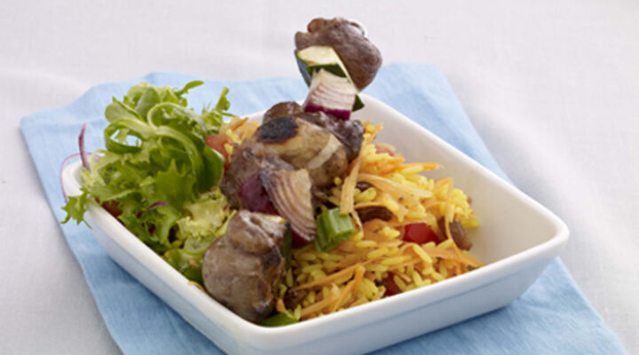 Beef and Vegetable Skewers with Soy and Honey Marinade and Curried Rice Salad