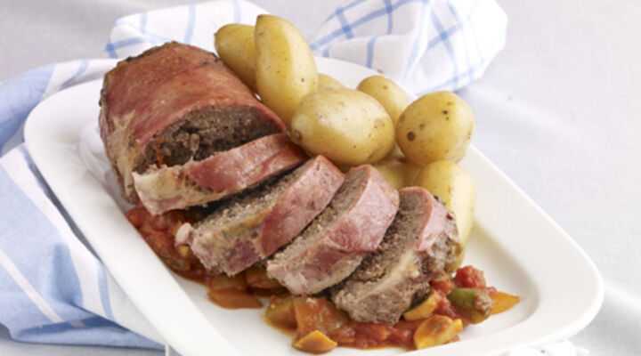 Meatloaf with Chunky Tomato Compote and Buttered Baby Potatoes