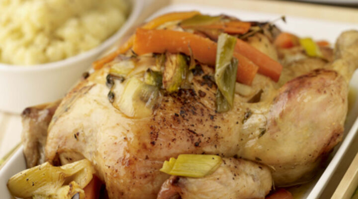 Slow Roasted Garlic Chicken with Vegetable and Thyme Broth and Mustard Mash