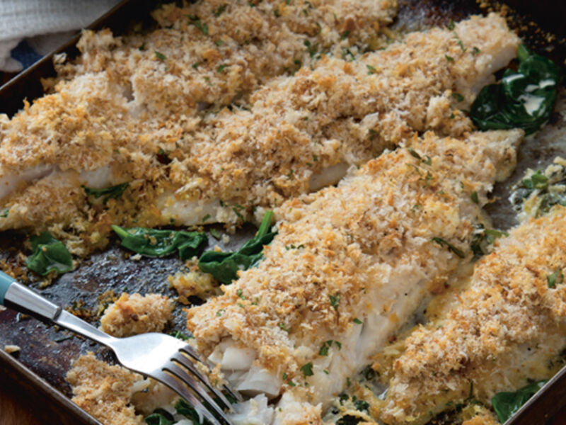 Baked whiting cream cheese spinach garlic crumble recipe