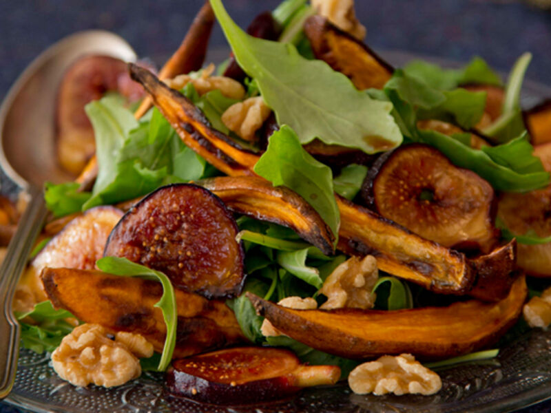 Caramelised fig salad baked sweet potatos walnuts recipe