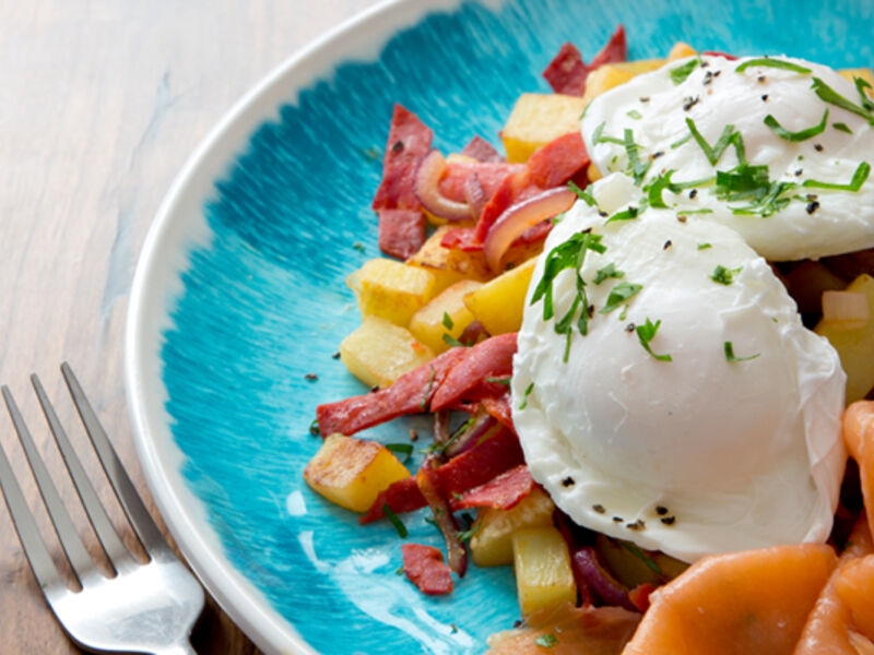 Chorizo hash poached egg smoked salmon recipe