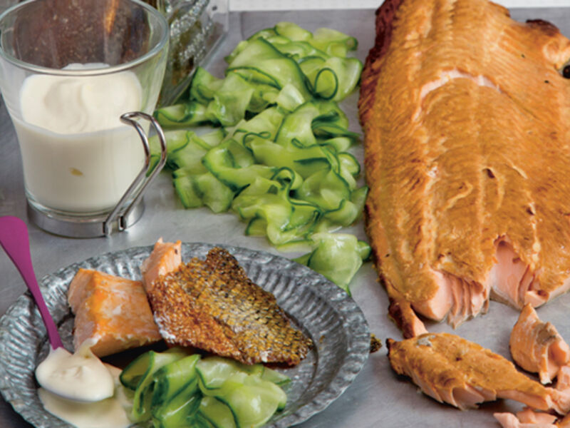 Hot jasmine smoked salmon creme fraiche pickled cucumber recipe