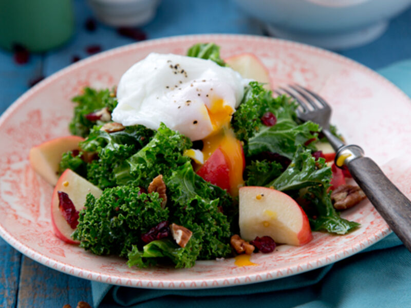 Kale salad apple cranberries poached egg recipe