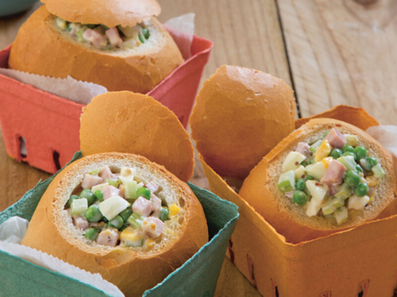 Ham Egg Pea and Celery Bread Bowls