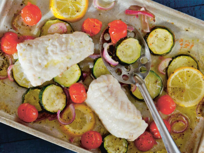 Baked Monkfish with Cherry Tomatoes, Red Onion
