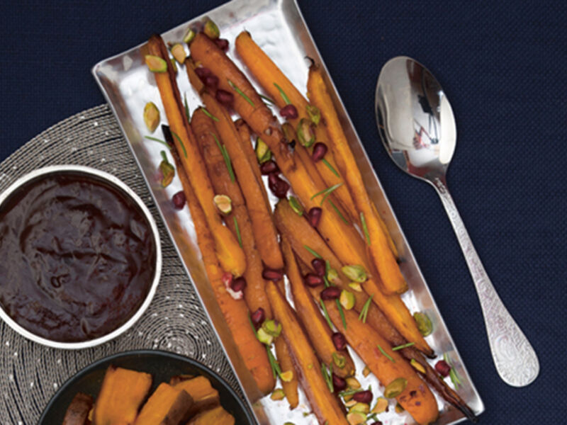 Roasted carrots pomegranate pistachios