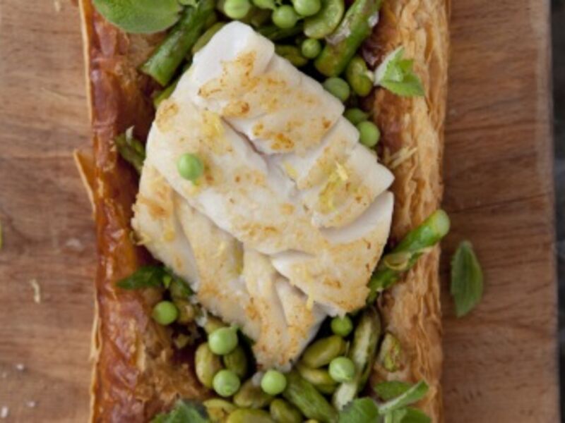 Cod, asparagus and broad bean tart