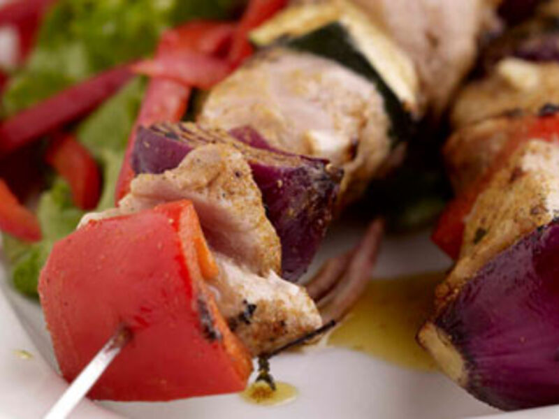 Curried Pork and Vegetable Skewers with Warm Baby Potato Salad