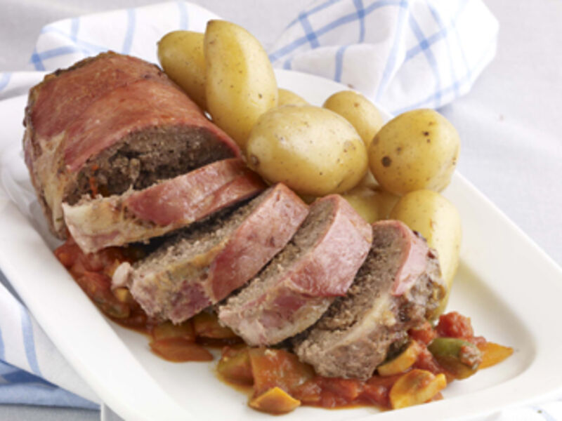 Meatloaf with Chunky Tomato Compote and Buttered Baby Potatoes
