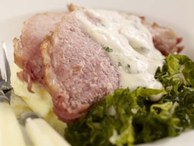 Sugar Crusted Bacon with Parsley Sauce