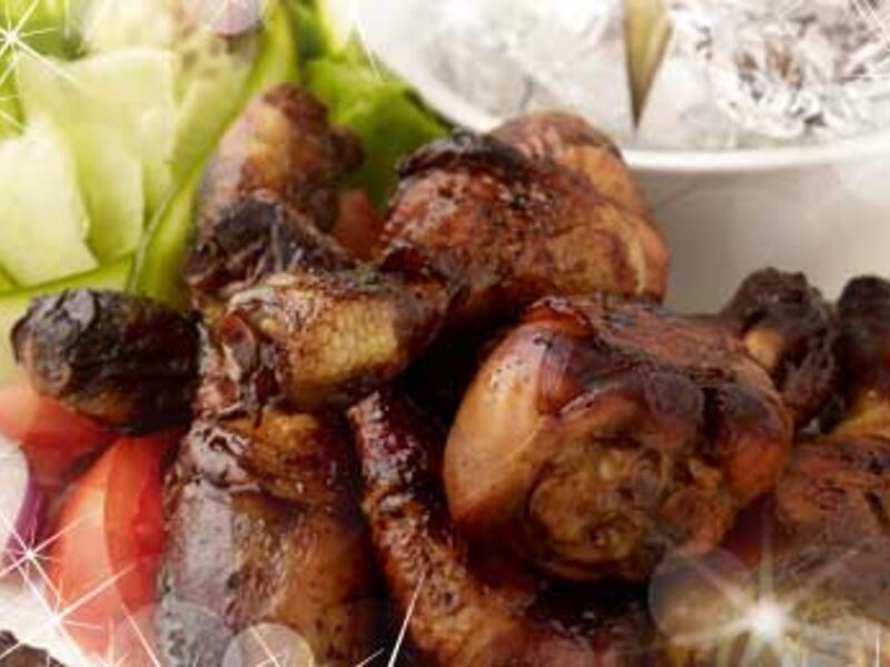 Sweet and Sticky Chicken Drumsticks, Baked Potato and Salad