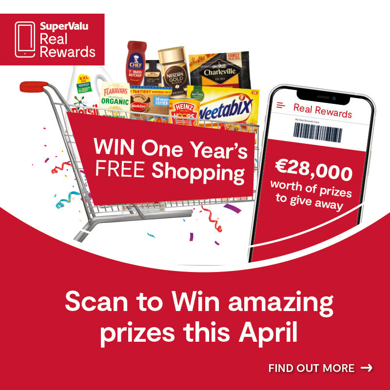 Scan to Win April One Year Free Shopping gift card • €100 SuperValu e-gift card for EVERY Store 